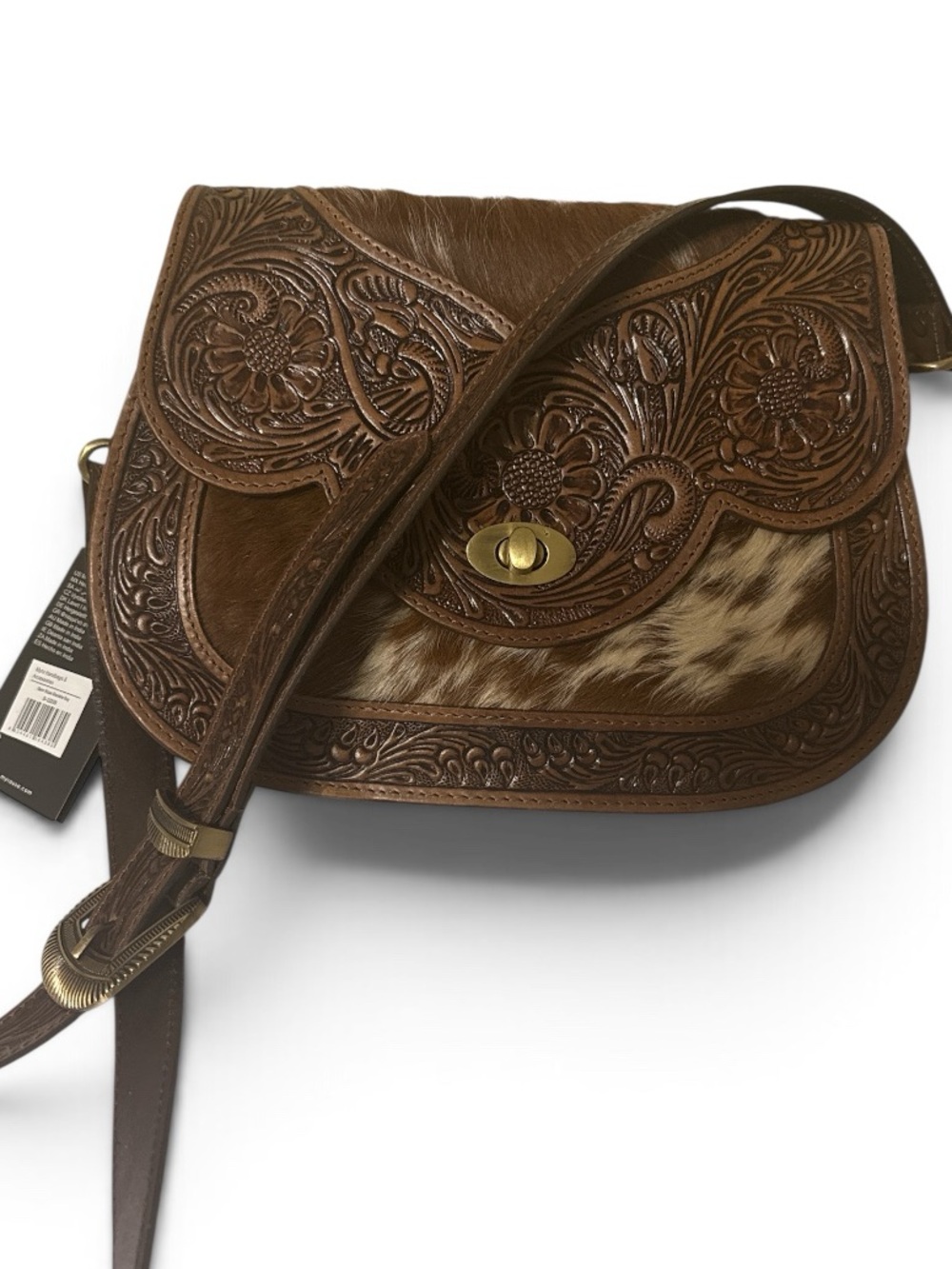 Hand-Tooled Brown Leather & Hair-on Hide Crossbody Bag, new